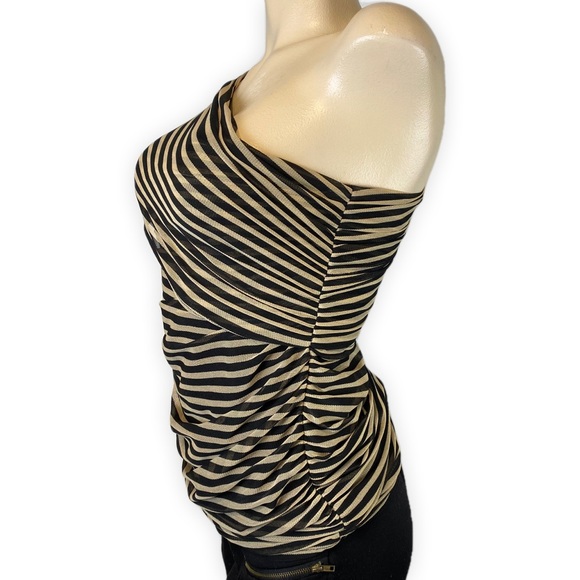 Womens Beige & Black Striped ONE SHOULDER BLOUSE TOP SHIRT ā¢XSmall - Picture 4 of 7